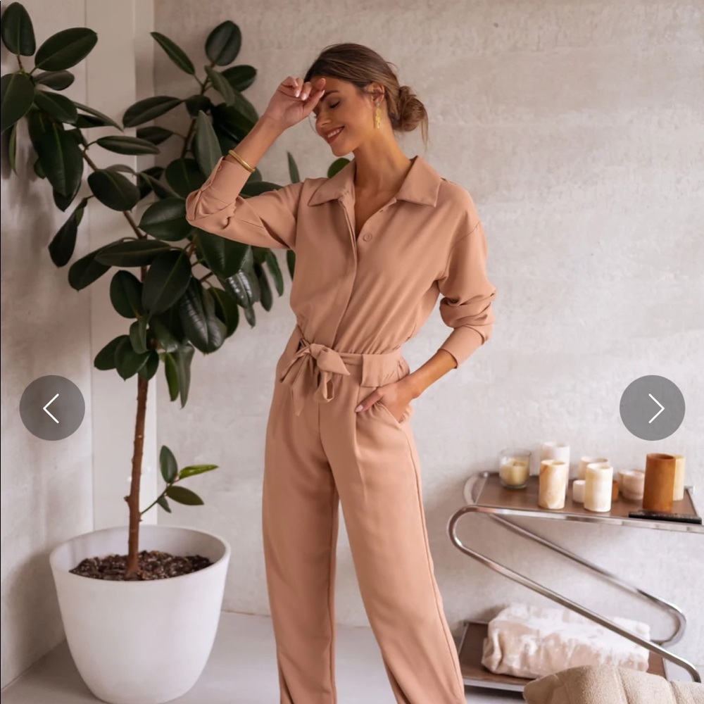 Long Sleeved Beige Collared Jumpsuit. NWT